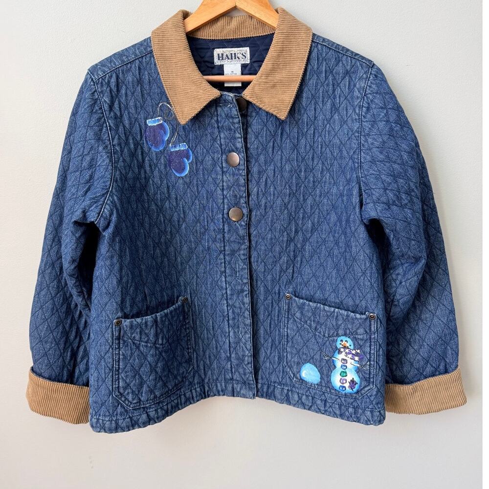 Vintage Haik's Quilted Denim Chore Jacket Women's M Corduroy Collar Snowman